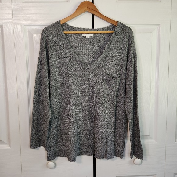 American Eagle Outfitters Sweaters - American Eagle Grey Marl V-Neck Soft Knit Pocket Sweater Top Size Med Boxy Y2K